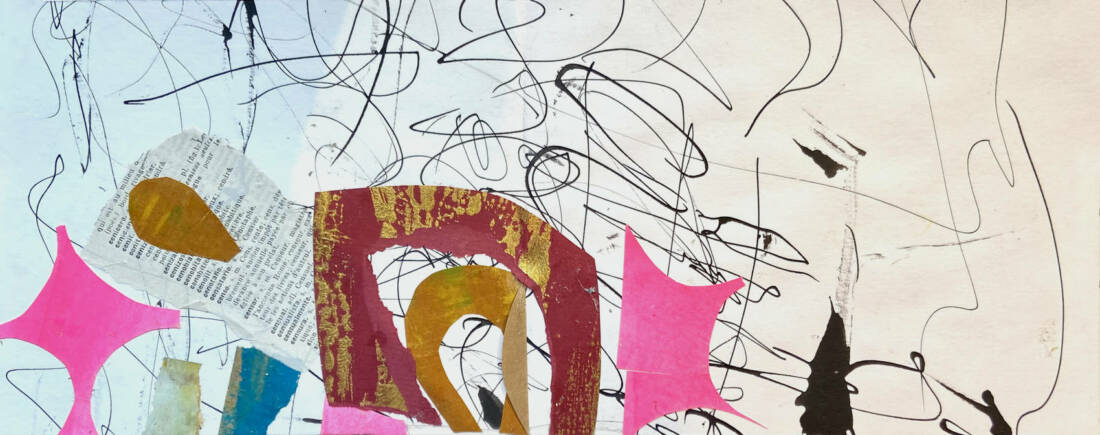 Collage 3, 2023, Fineliner, Tusche, Ölfarbe, 15 × 40 cm