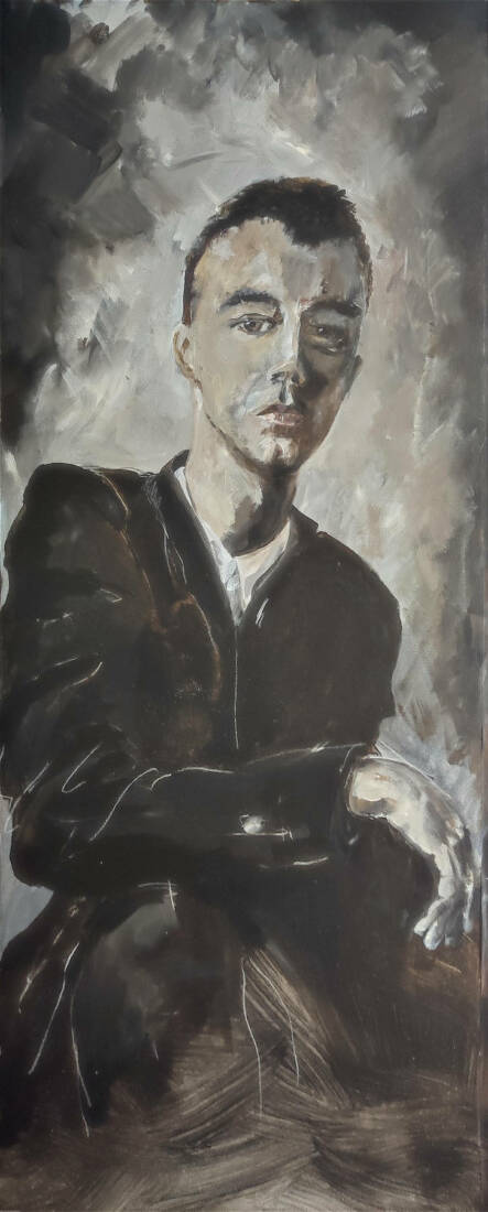 Portrait II, 2023, Acryl u. Stift auf Leinwand, 110 × 45 cm